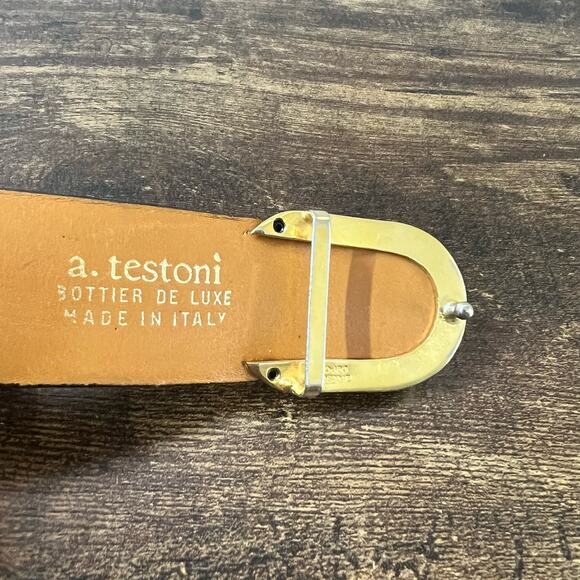 A. Testoni Soft Leather Belt Men Stripe Classic Gold Buckle Designer Italy Brown - Picture 9 of 11